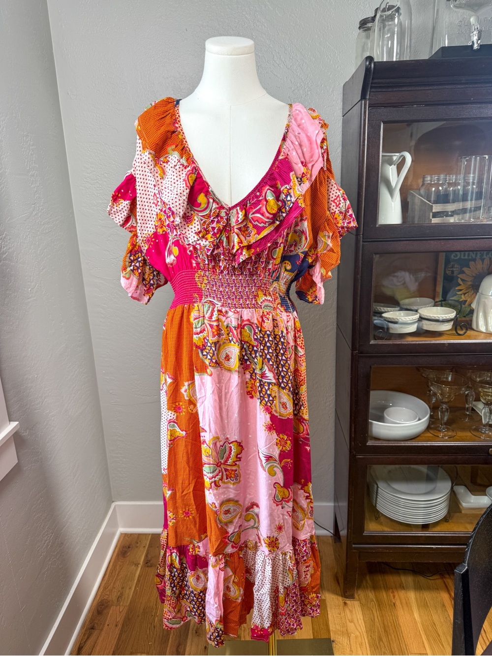 Lapis Patchwork Paisley Boho Smocked Waist On or Off Shoulder Dress Size M